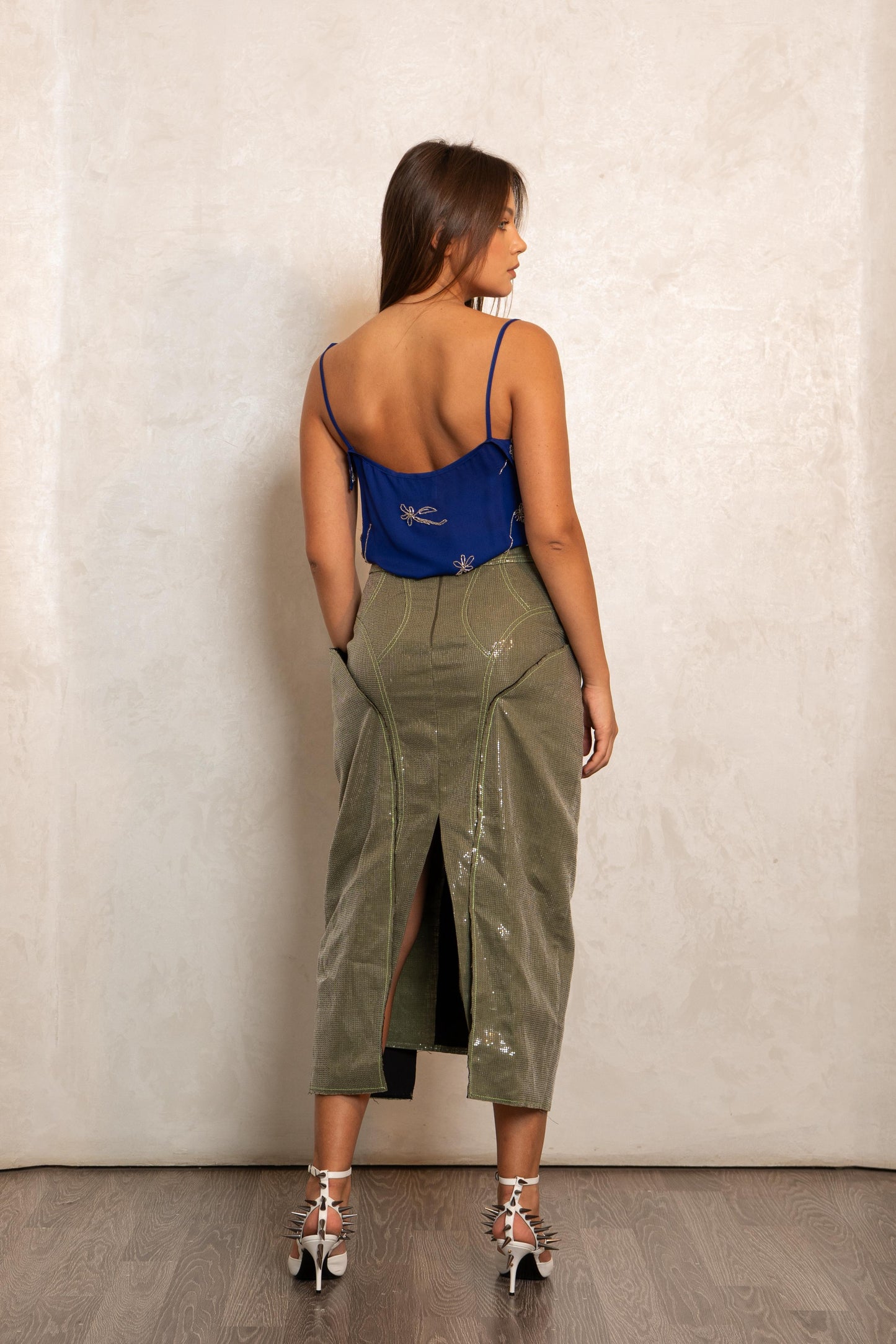 Metallic Olive Circuit Skirt