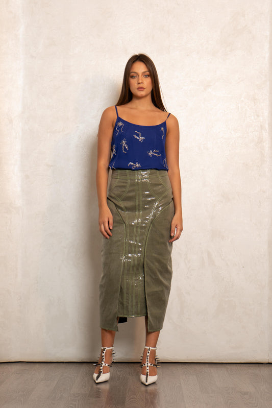 Metallic Olive Circuit Skirt